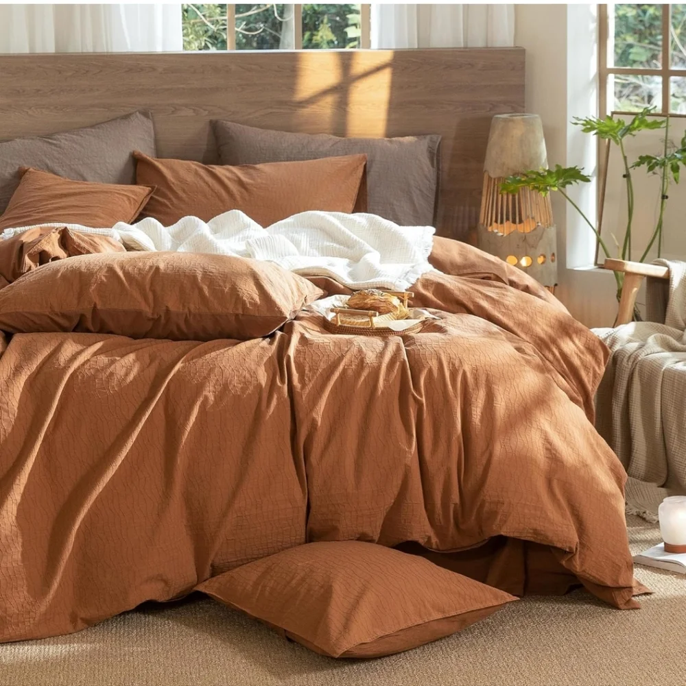 MooMee Wavy Striped Duvet Cover Set 100% Washed Cotton Linen Like Textured Breat